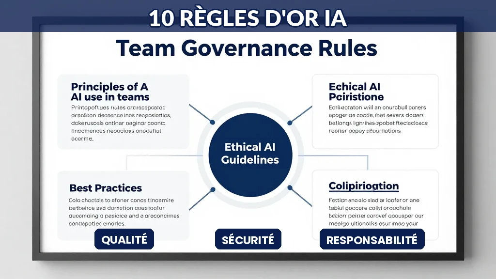 Équipe travaillant ensemble avec IA, principes affichés, collaboration et gouvernance, documents partagés