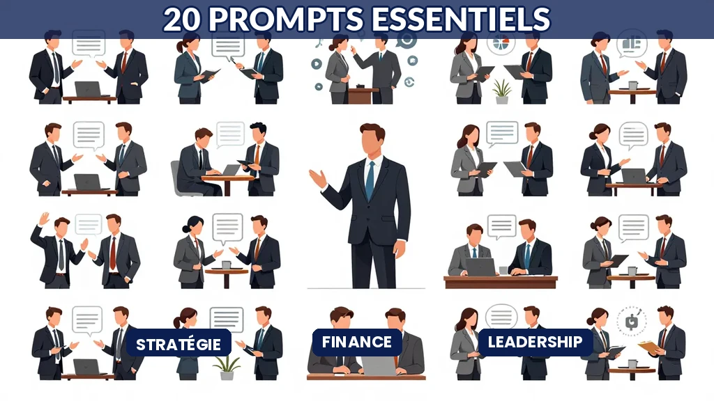 Infographie présentant les 20 catégories de prompts essentiels pour dirigeants