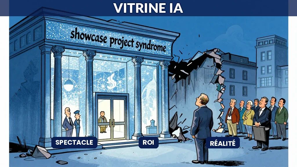 Un PDG admirant une facade brillante pendant que les fondations s'effondrent derrière, style caricature humoristique