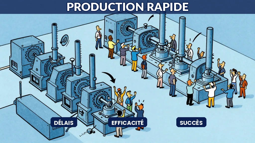 Une PME industrielle en vue aérienne : machines anciennes transformées en machines flambant neuves accélérées, workers joyeux, style caricature humoristique
