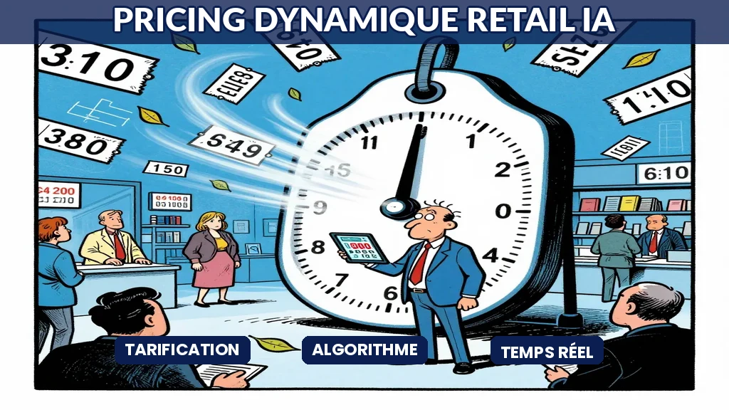 Illustration humoristique d'un commerçant jonglant avec des prix qui montent et descendent en fonction de la demande