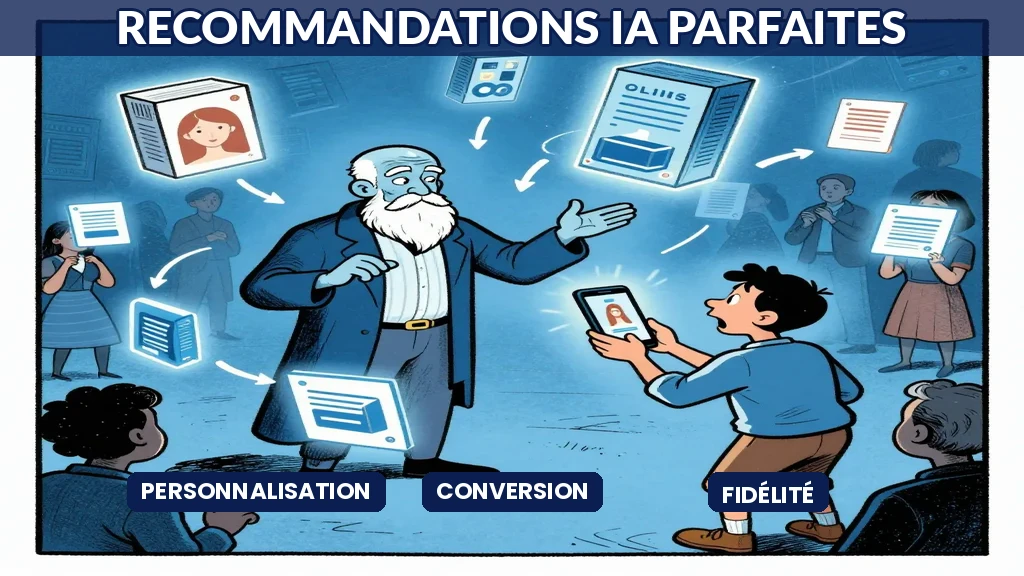 Illustration d'un vendeur virtuel ou d'une IA conseillère montrant des produits recommandés à un client surpris et ravi dans un magasin futuriste