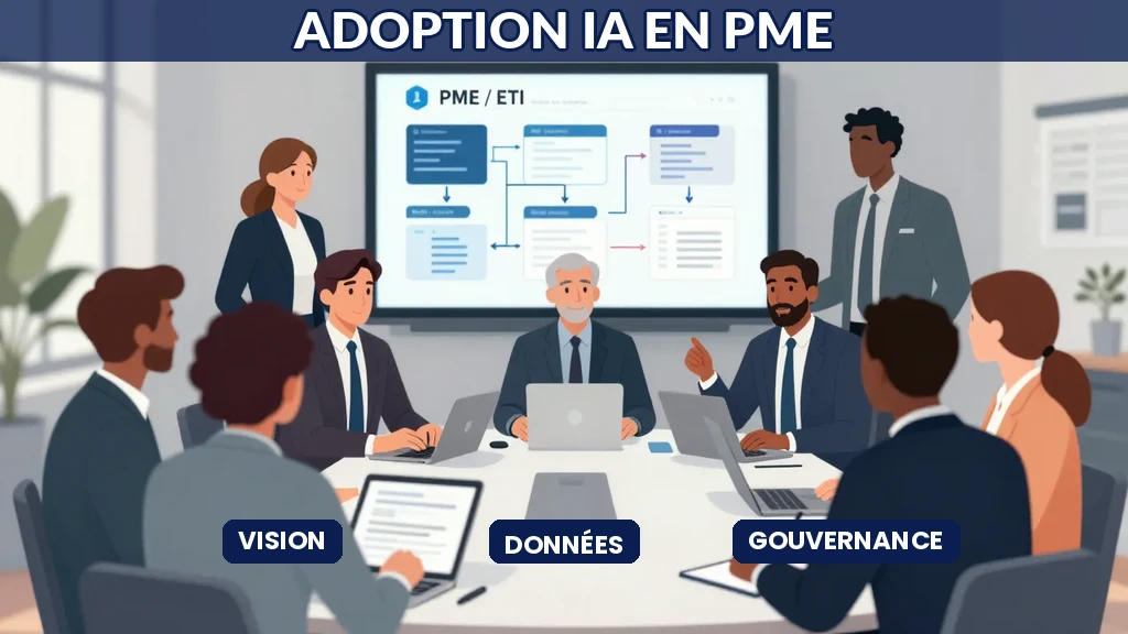 Équipe dirigeante réunie autour d'une table de réunion discutant d'une stratégie d'adoption IA