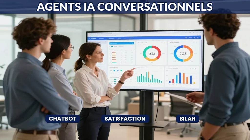 Directrice relation client française analysant un tableau de bord avec ses équipes sur les performances de leurs agents IA conversationnels déployés depuis deux ans