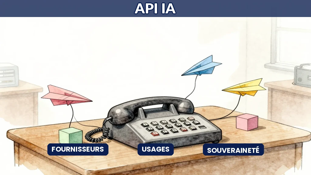 Développeur français consultant la console de configuration de plusieurs API IA pour orchestrer des appels vers OpenAI Anthropic Mistral et Google dans une application métier