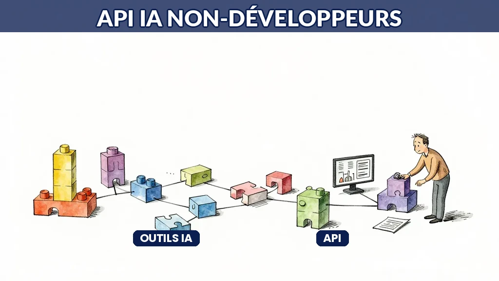 Des blocs logiques colorés représentant une API reliant des systèmes métier avec un symbole d'IA