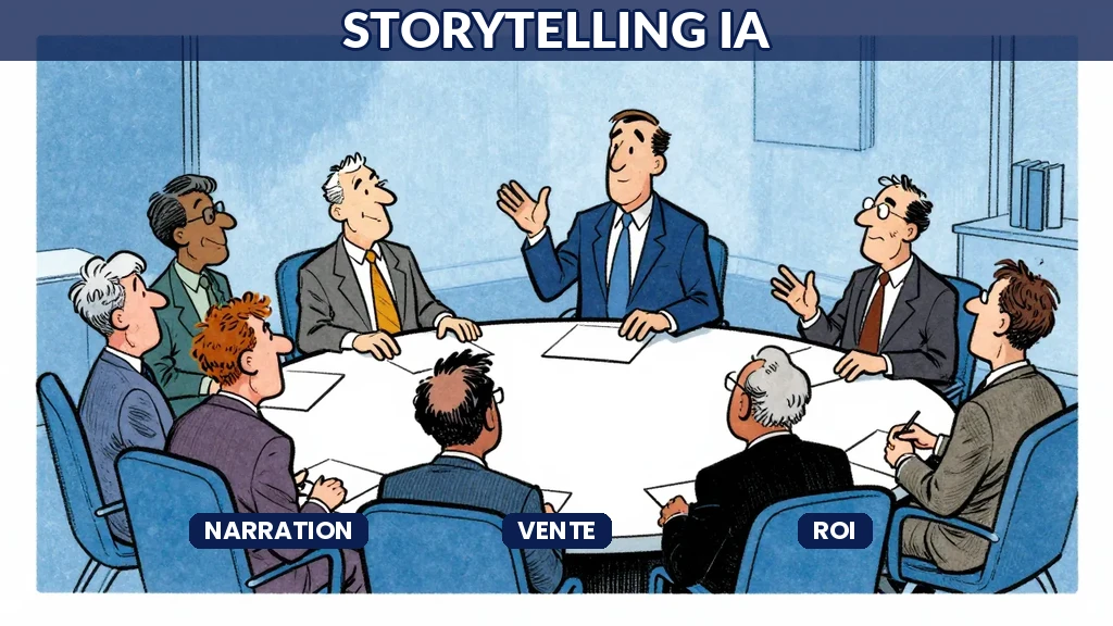 Consultant racontant une histoire à des dirigeants réunis autour d'une table, style cartoon éditorial avec tons bleus dominants
