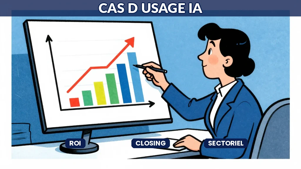 Consultant montrant un tableau avec graphique de ROI à une dirigeante, pen en main, style cartoon éditorial avec tons bleus dominants
