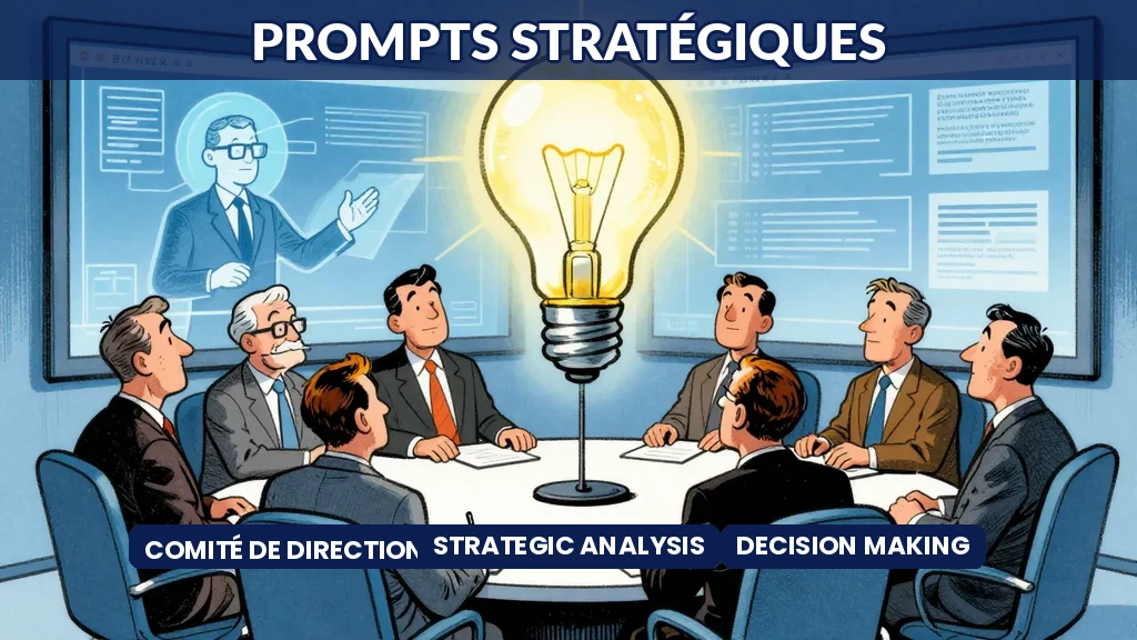Un directeur général présente des insights stratégiques à son comité autour d'une table, avec l'assistance d'une IA affichée sur un écran