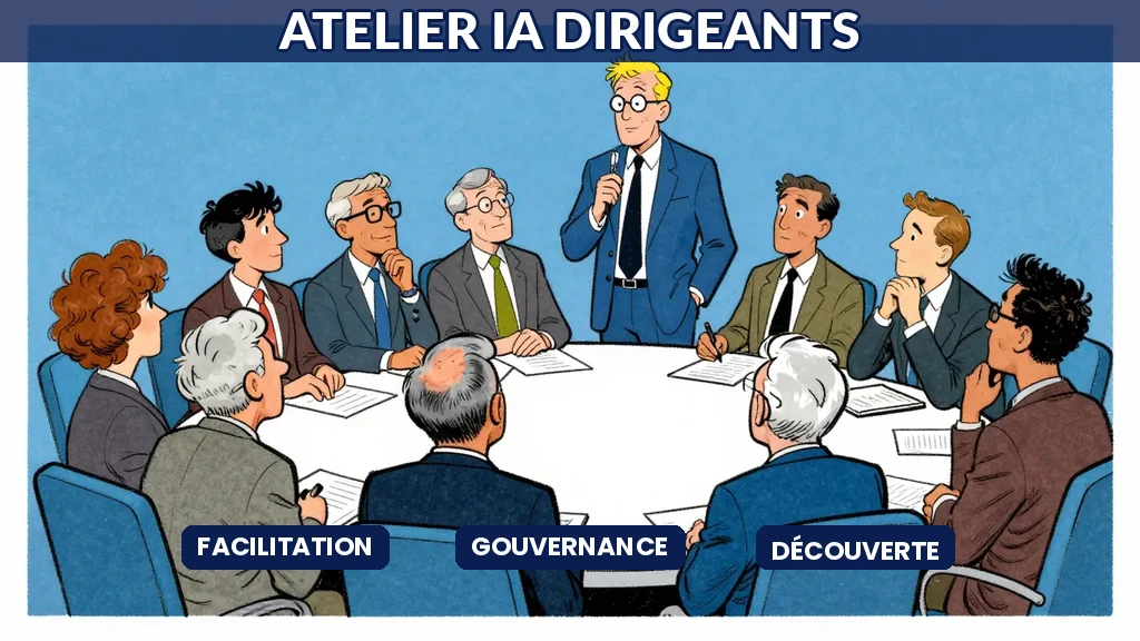 Illustration d'un consultant animant un atelier collaboratif avec des dirigeants assis autour d'une table, discutant de stratégie IA.