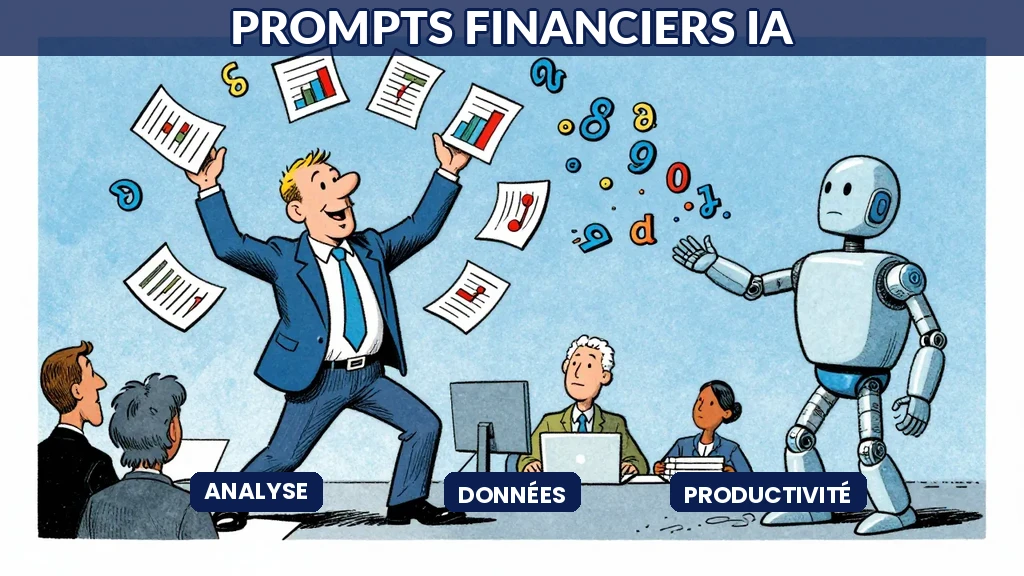 Caricature humoristique montrant un analyste financier jonglant avec des chiffres générés par l'IA, style Sempé