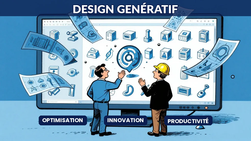Un designer travaillant sur un ordinateur avec des modèles 3D générés par l'IA affichés à l'écran, montrant plusieurs variantes de conception