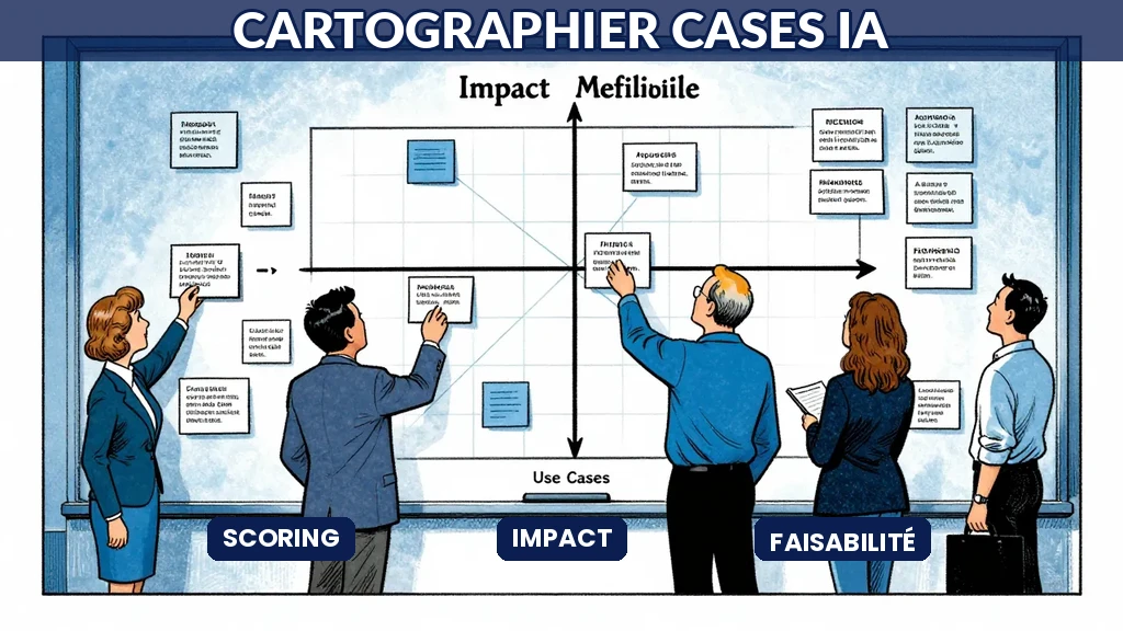 Illustration d'une matrice d'évaluation des cas d'usage IA avec des dirigeants classant des projets par impact et faisabilité.
