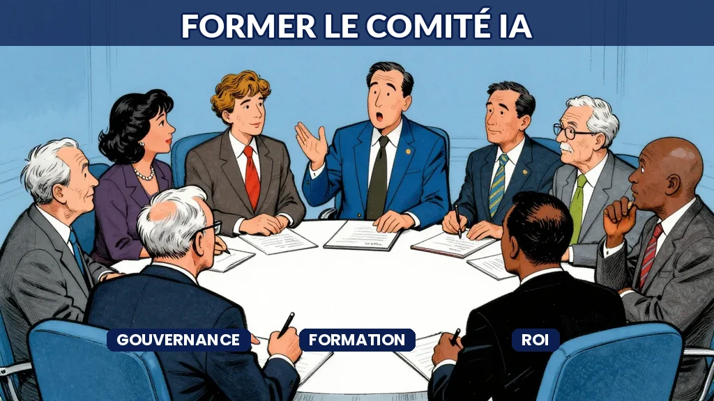 Dessin humoristique montrant un comité de dirigeants autour d'une table, les uns expliquant l'IA aux autres avec des gestes expressifs, style Sempé en couleurs plates.