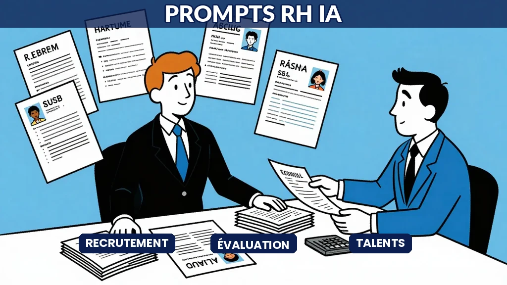 Directeur RH discutant avec une IA, avec des profils de candidats flottants en arrière-plan, style cartoon Sempé