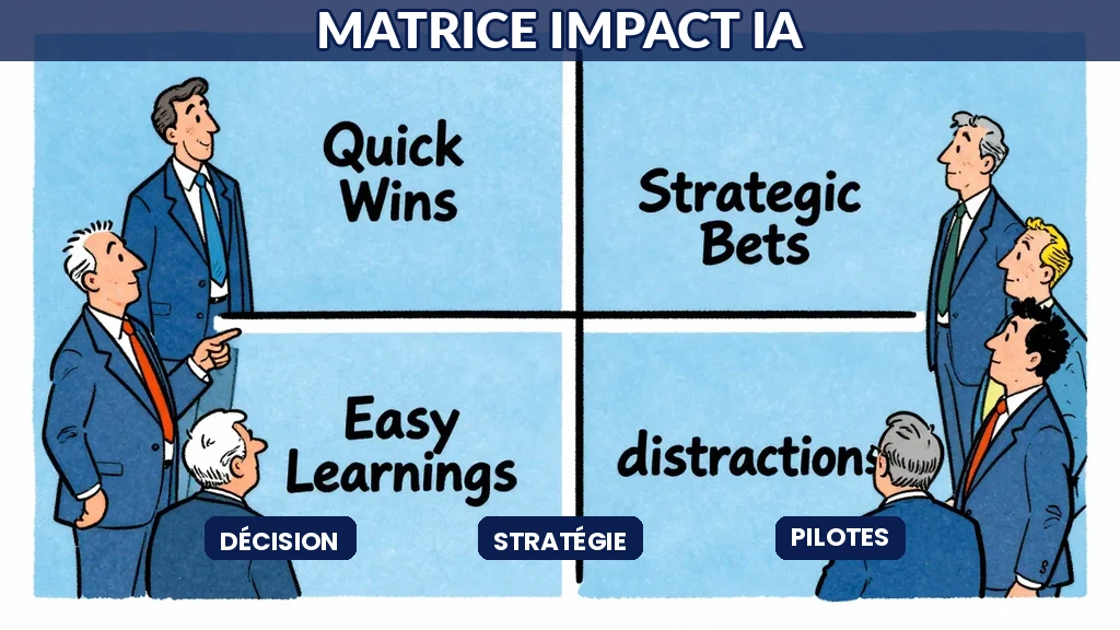 Illustration d'une matrice 2x2 montrant l'impact et la faisabilité, avec des cas d'usage classés dans chaque quadrant.