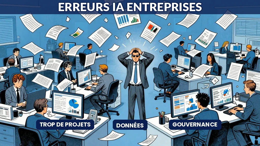 Dessin humoristique montrant une entreprise en désarroi entourée de symboles d'IA en chaos : des graphiques qui s'effondrent, des données confuses, des gens perplexes, style Sempé caricaturé en couleurs plates bleues.
