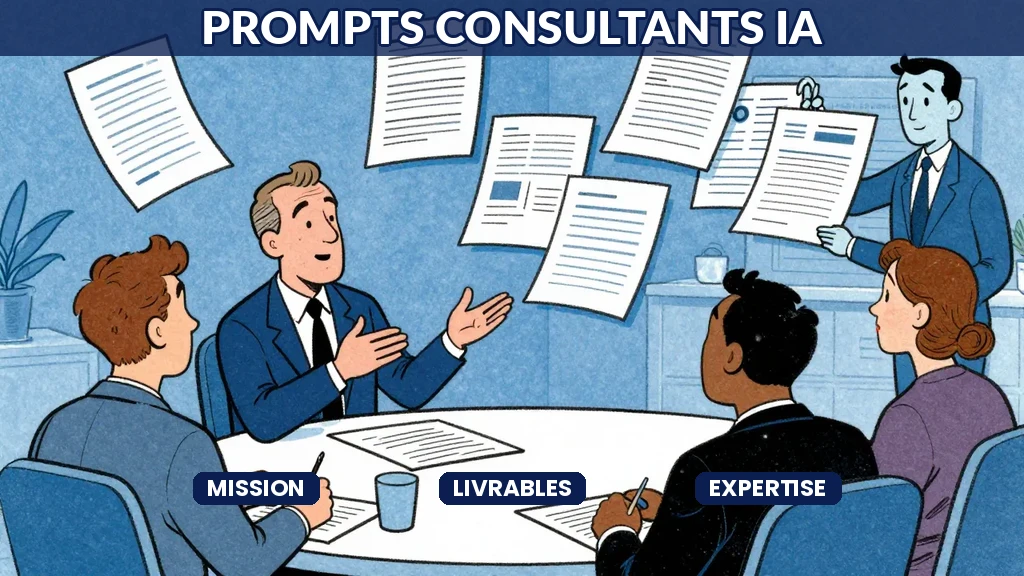 Consultant discutant avec son client, avec des documents et des graphiques flottants autour, style Sempé humoristique