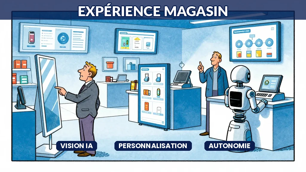 Client dans un magasin moderne avec écrans numériques interactifs, caisse autonome et assistance IA visuelle pour la navigation et les recommandations