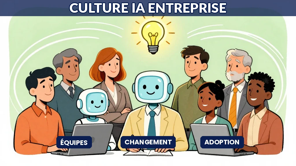 Dessin humoristique montrant une équipe diverse accueillant l'IA avec enthousiasme : des gens collaborant avec des symboles d'IA bienveillants, spirales positives, couleurs chaudes, style Sempé en aplats de couleur.