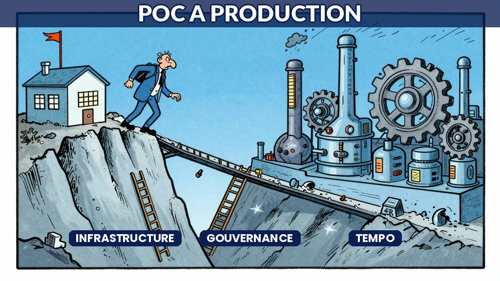 Illustration montrant une équipe franchissant un pont entre un laboratoire de prototypes et une usine d'IA en fonctionnement, avec des obstacles visibles