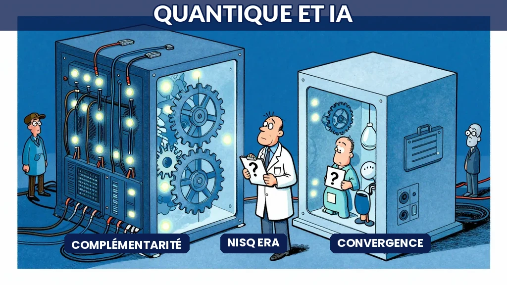 Illustration humoristique montrant un ordinateur quantique futuriste, un processeur avec effets de couleurs vives et un scientifique perplexe observant la scène