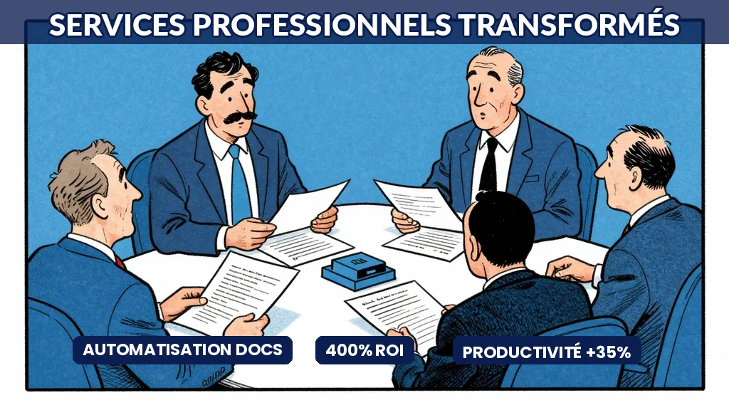 Équipe de services professionnels utilisant l'IA pour automatiser les processus documentaires et augmenter la productivité, travail collaboratif