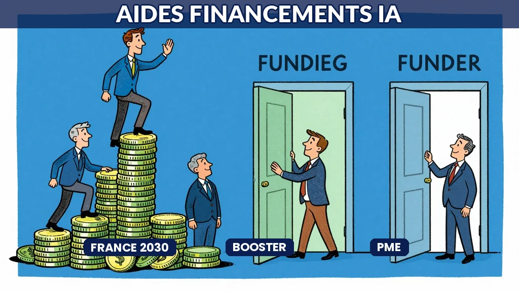 Illustration montrant des entrepreneurs PME accédant à différents canaux de financement IA, avec des symboles de gains et de croissance