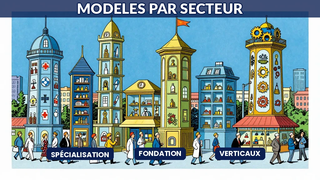 Illustration montrant plusieurs tours technologiques colorées, chacune représentant un secteur différent : santé, finance, industrie. Un scientifique en bas les observe. Style Sempé.