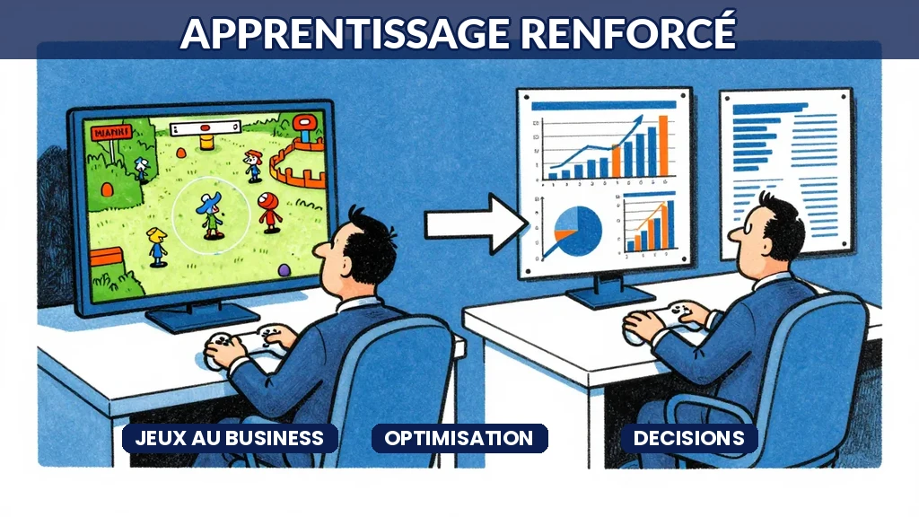 Illustration montrant un robot ou une main qui joue à un jeu vidéo sur un écran, puis la même main appliquant la stratégie apprise à un problème d'affaires complexe. Style Sempé humoristique.