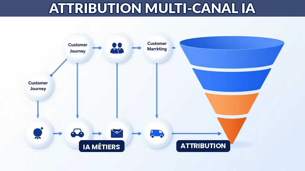 Diagramme attribution multi-canal IA montrant touchpoints parcours client