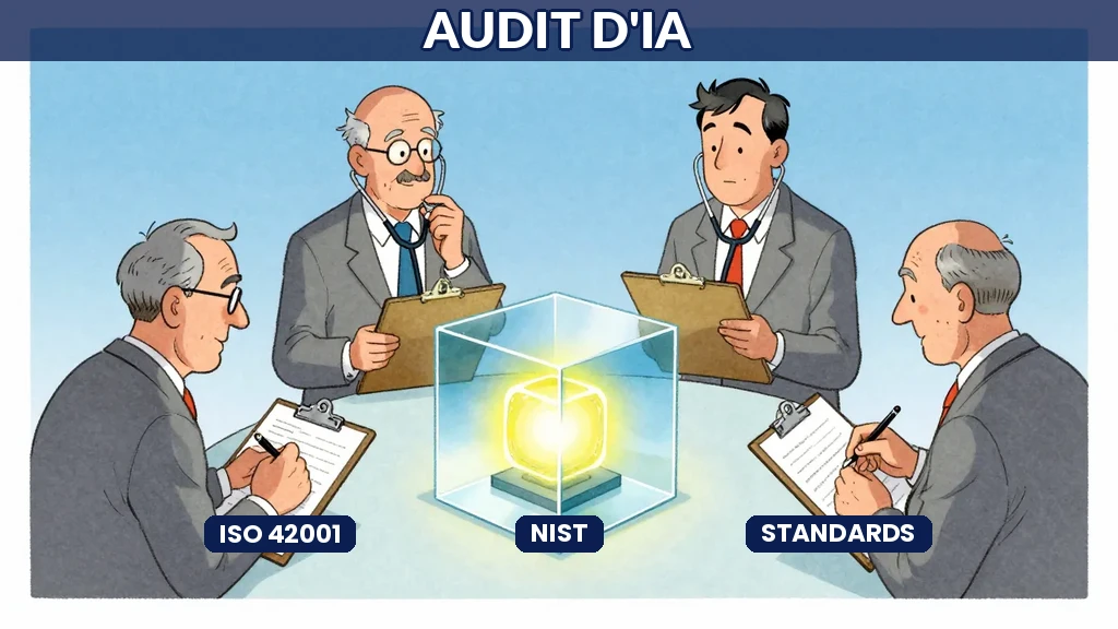 Équipe en réunion d'audit autour d'un tableau blanc avec diagrammes de risque IA