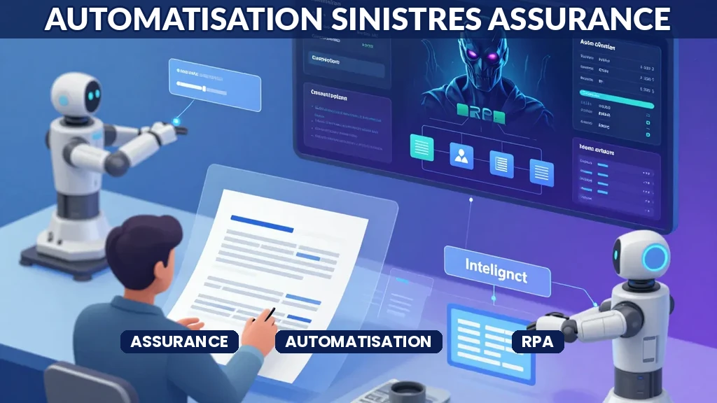 Illustration montrant un processus d'automatisation d'un dossier sinistre avec intelligence artificielle, tableau de bord, workflows numériques