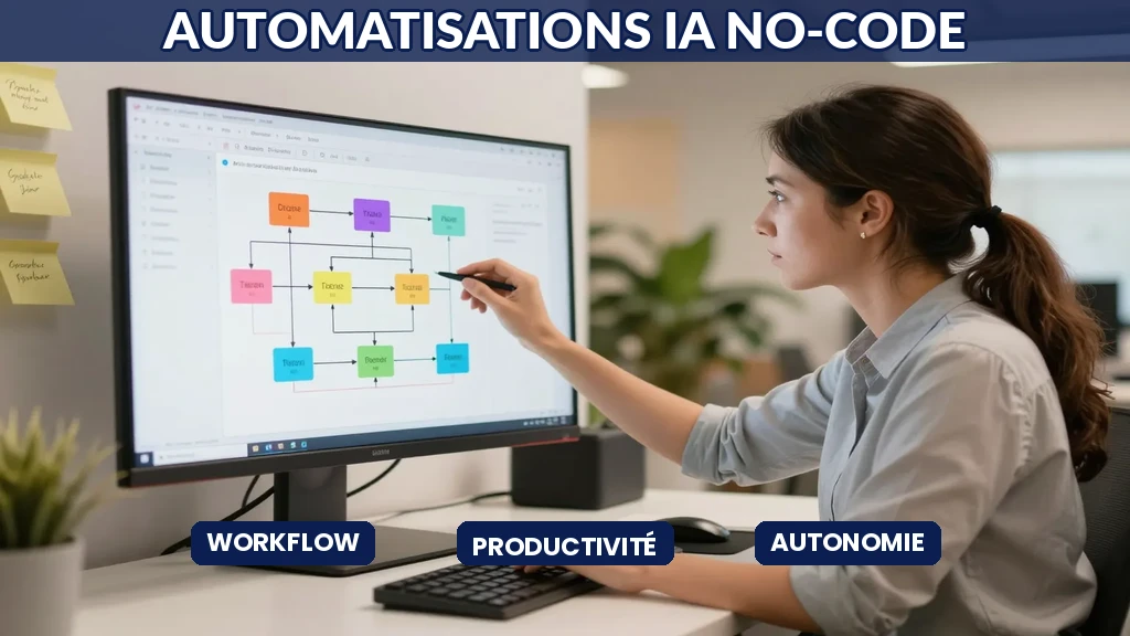 Responsable opérations française configurant un workflow automatisé sur une plateforme no-code qui orchestre des outils d'intelligence artificielle