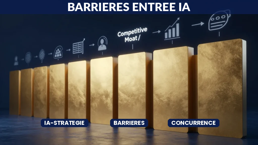 Mur competitif avec technologie IA le traversant illustrant barrieres entree et strategies contournement