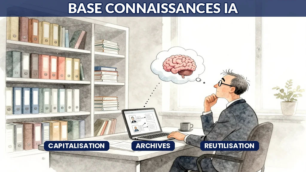 Consultant français organisant une base de connaissances IA réutilisable avec dossiers, fiches et assistant virtuel
