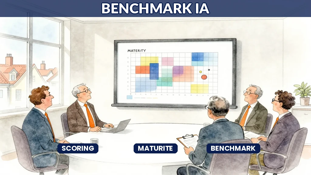 Consultant français présentant un scoring de maturité IA à un comité de direction avec grilles et radars de benchmark