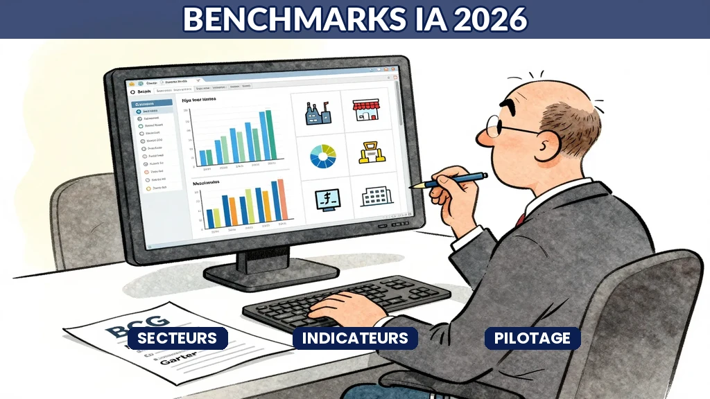 Analyste français consultant des benchmarks sectoriels de performance IA sur des tableaux de bord affichant des indicateurs comparatifs par industrie