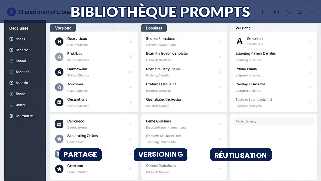 Bibliothèque de prompts numérique, base de données partagée, prompts catégorisés et versionnés, équipe collaborant