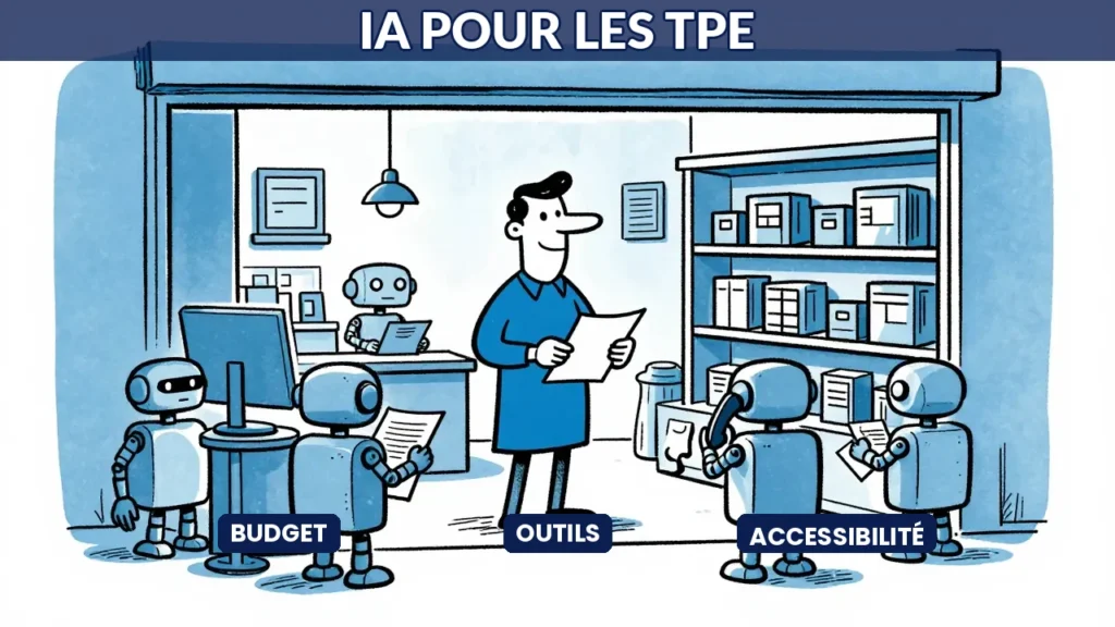 Illustration caricaturale d'un petit commerçant dans sa boutique assisté par de petits robots IA accessibles et abordables