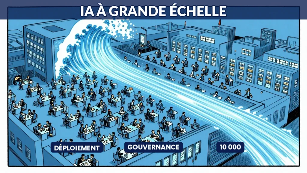 Illustration caricaturale d'un immeuble géant avec des milliers de collaborateurs traversé par une vague d'IA, symbolisant le déploiement IA à grande échelle