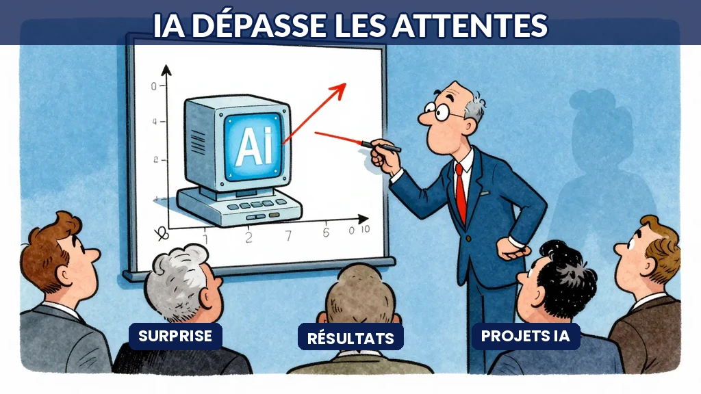 Chef de projet stupéfait devant machine IA dépassant les objectifs sur un graphique
