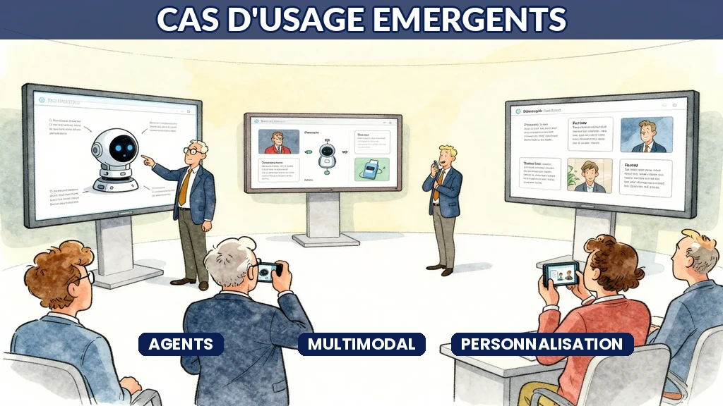 Équipe française utilisant des cas d'usage IA émergents en open space avec agents IA autonomes, interfaces multimodales et assistants spécialisés