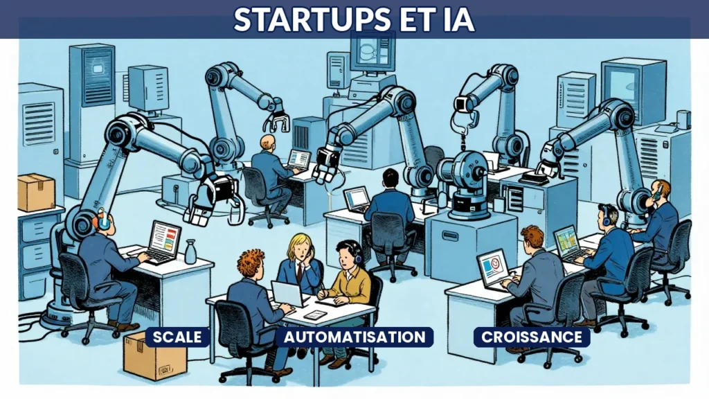 Illustration caricaturale d'une petite équipe startup assistée par des machines IA géantes