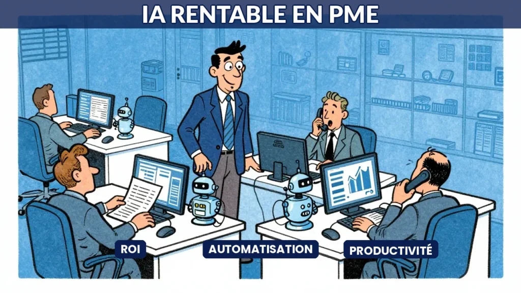 Illustration caricaturale de robots IA assistant les employés d une PME dans leurs tâches quotidiennes pour améliorer la rentabilité