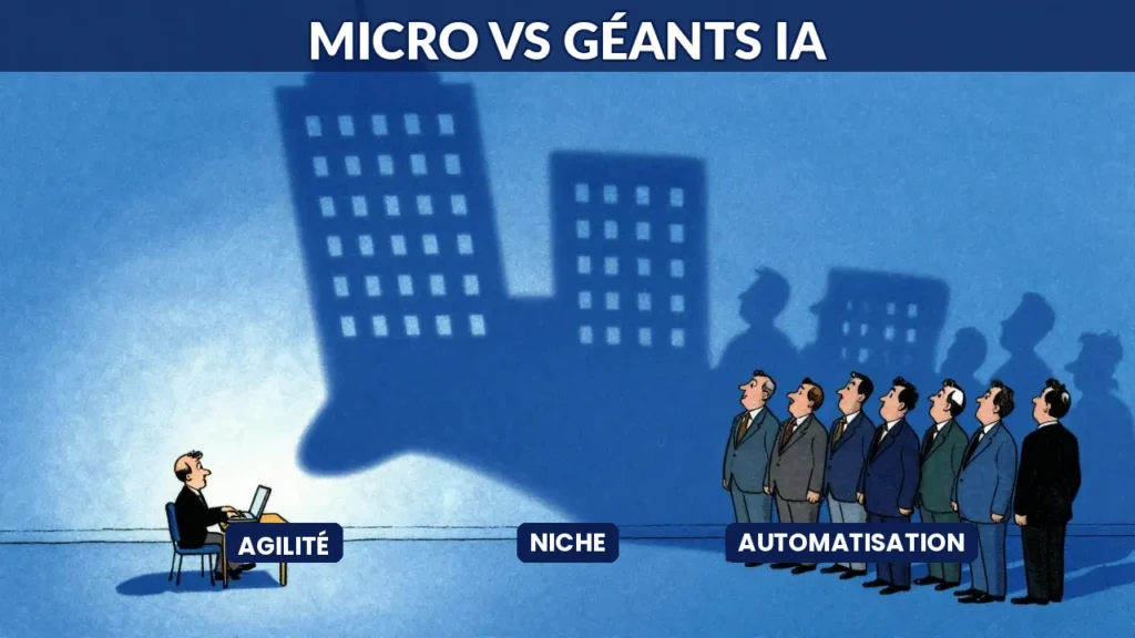 Illustration caricaturale d un micro-entrepreneur projetant une ombre géante de gratte-ciel grâce à l IA face à des grandes entreprises surprises