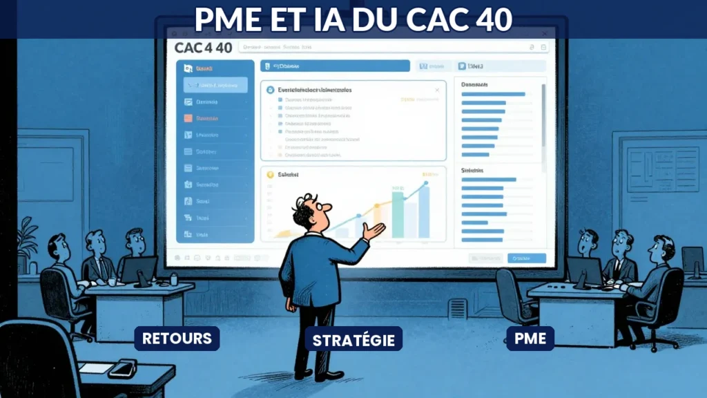 Caricature éditoriale montrant un directeur de PME découvrant les mêmes outils IA que les grandes entreprises du CAC 40, avec des concepts clés : SCALABILITÉ, RETOURS D'EXPÉRIENCE, PME, STRATÉGIE IA