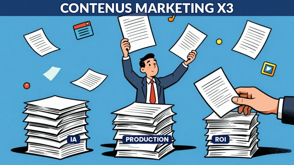 Caricature éditoriale montrant un directeur marketing jonglant avec trois fois plus de contenus que avant, assisté par une main invisible IA, avec concepts clés : PRODUCTIVITÉ, CONTENUS, MARKETING, ORCHESTRATION
