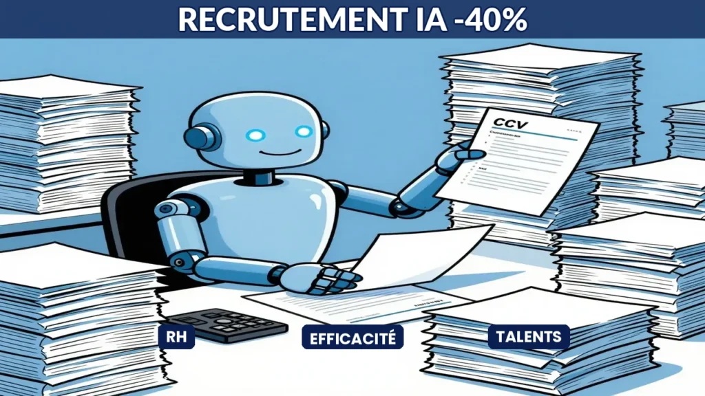 Un recruteur RH avec une pile de CV triés automatiquement par un robot IA pour réduire de 40% le temps de recrutement