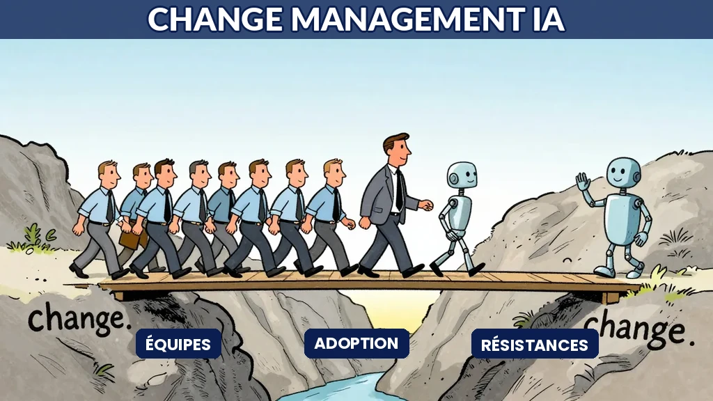 Équipe en réunion stratégique autour d'une table, styles cartoon Sempé, tons bleus apaisants, transition numérique en arrière-plan.